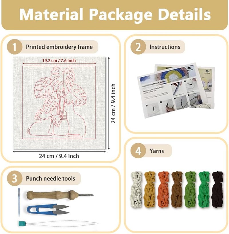DOODLREAM Cat Monstera DIY Punch Needle Embroidery Kit for Adult Beginner, 9.4" Black Cat Potted Plant Punch Stitching Craft Set for Starter with Frame, Fabric Pattern, Threader, Yarn, Pinch Needle - Image 2